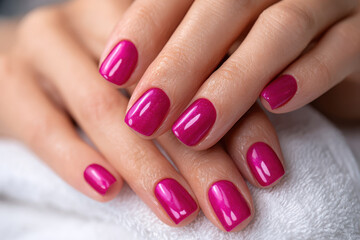 Bright pink manicure showcasing perfectly polished nails on a soft white towel