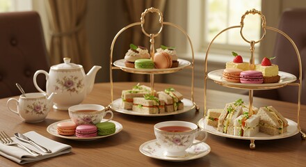 Indulge in an Elegant Afternoon Tea: Delicate Sandwiches, Macarons, and Scones Await on a Gleaming Gold Tiered Stand