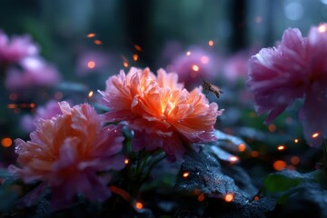 Vibrant flowers bloom in a mystical forest illuminated by soft sparks at dusk