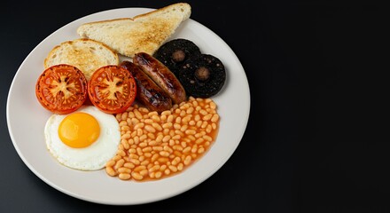 Indulge in a hearty full English breakfast, a classic culinary experience featuring perfectly fried eggs, savory sausages, and succulent grilled tomatoes, all served on a pristine white plate.
