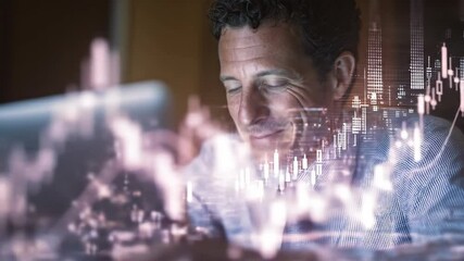 Happy businessman with closed eyes works on computer. Data analysis and abstract city overlay. Professional success concept footage. - Powered by Adobe