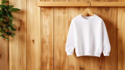 A simple white sweatshirt hangs gracefully against a wooden backdrop, epitomizing minimalist fashion design and cozy casual style for everyday wear.