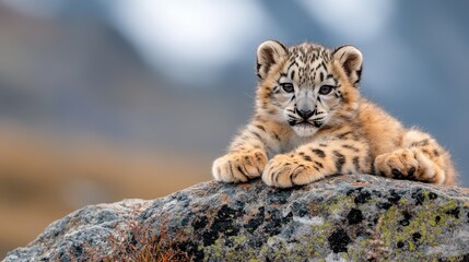 A cute snow leopard cub lies comfortably on a textured rock, embodying the essence of wildlife's grace and innocence in a stunning natural environment.