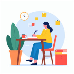 Woman writing at a desk with notes a plant books and a clock set against a blue background
