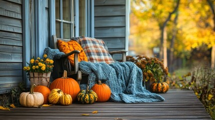 Autumn porch scene with pumpkins, a cozy chair and fall colors
