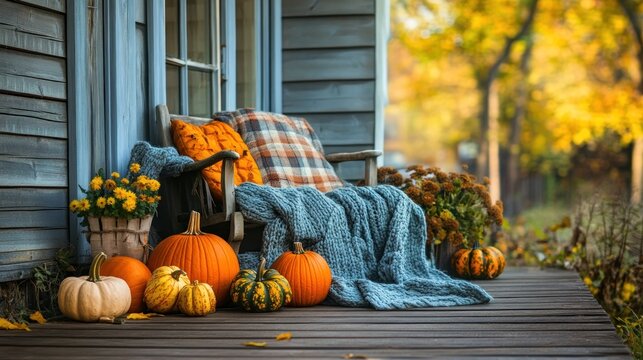 Autumn porch scene with pumpkins, a cozy chair and fall colors