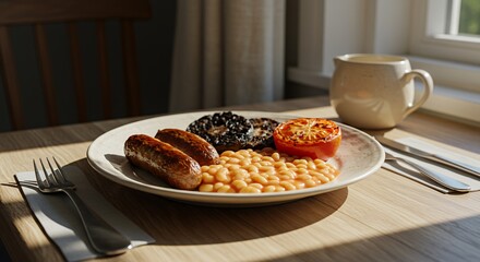 Sun-drenched morning breakfast featuring savory sausages, baked beans, grilled tomato, and black pudding, served on a rustic wooden table.