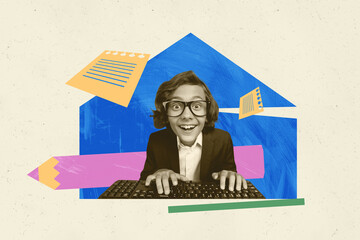 Trendy poster art collage of happy nerd schoolboy type keypad qwerty tool home isolation elearn...