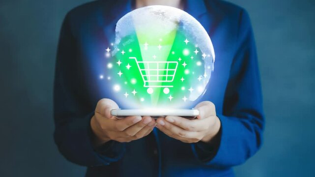 Smartphone with glowing green shopping cart icon, dark blue background
