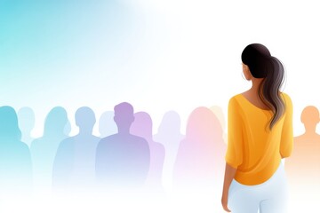 Fear of failure motivates confident young woman to present ideas to engaged audience on colorful stage