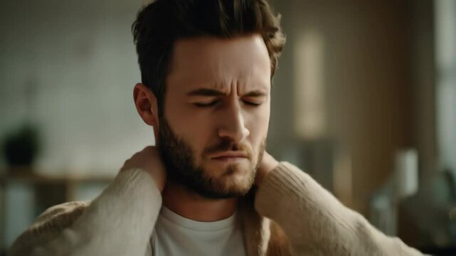 Young man with beard touching painful throat. Guy having a sore throat or flu symptoms. Cold or virus health issue concept footage.