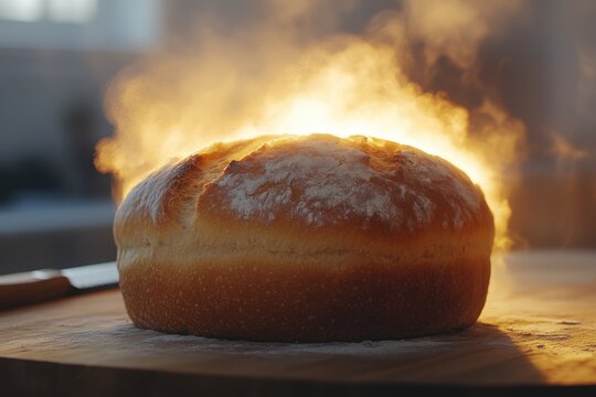 Homemade bread poster with cinematic artwork showing a freshly baked loaf with steam rising and a serrated knife beside with copy space. Warm cinematic light. 