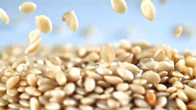 White sesame seeds falling onto a pile with a light blue background