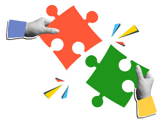 A black and white hands collect a puzzle pieces together. Modern photo collage style. Illustration...