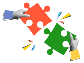 A black and white hands collect a puzzle pieces together. Modern photo collage style. Illustration on transparent background