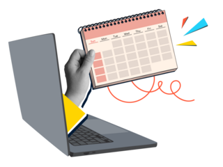 A black and white hand extending calendar from laptop screen. Modern photo collage style. Illustration on transparent background