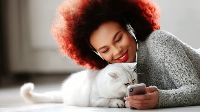 A young woman with headphones listening to music on her phone, tenderly hugging her white cat. An idyllic scene of domestic comfort and relaxation. A great moment for pet and leisure topics.