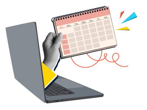 A black and white hand extending calendar from laptop screen. Modern photo collage style. Illustration on transparent background