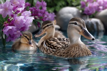 Mother duck and her ducklings swimming in a colorful garden pond during springtime