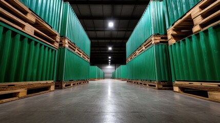 Fototapeta premium A spacious warehouse aisle lined with neatly stacked green containers on wooden pallets, representing industrial organization, efficiency, and modern commercial storage solutions.