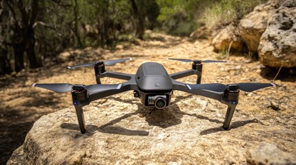 Black drone on a rock in a forest
