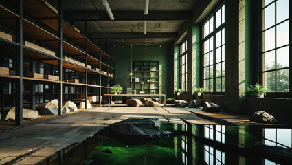 Interior architectural design of modern office with a minimalistic green aesthetic and natural light