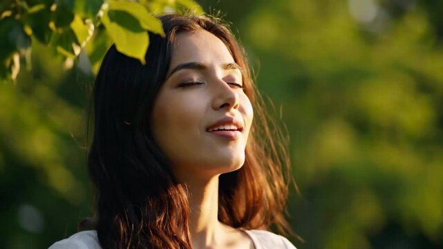 young woman eith long hair enjoying sun with closed eyes getting natural vitamin D outdoors