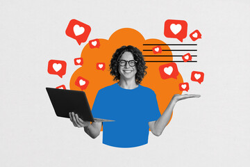 Image full poster art collage of happy guy show laptop heart icon social media influencer heart...