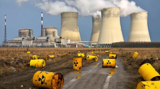 Nuclear power plant with cooling towers and scattered radioactive waste barrels on dirt road, environmental hazard