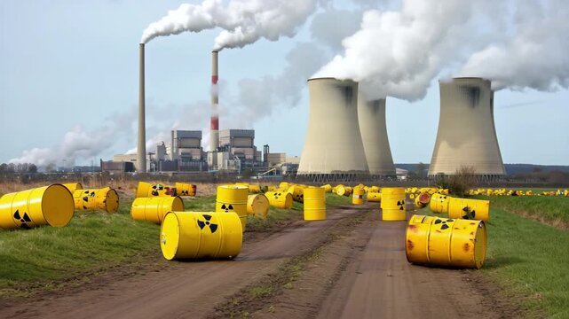 Nuclear power plant with cooling towers emitting steam and yellow radioactive waste barrels scattered on dirt road