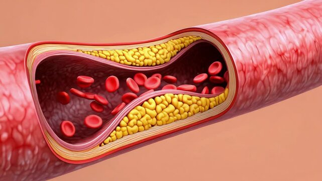 Cross-section of a human artery with plaque buildup and narrowed vessel, cardiovascular health and atherosclerosis, coronary artery disease and cardiovascular risk