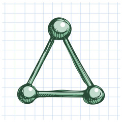 Hand drawn vintage sketch of green molecular model triangle on grid notebook background