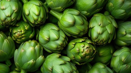 Fototapeta premium A close-up view of fresh green artichokes stacked together, highlighting their unique shape and texture, portraying the beauty of organic produce in a vibrant market setting.