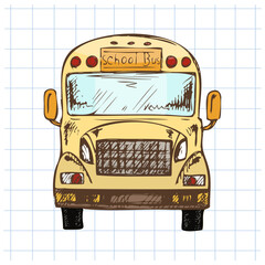 Hand drawn vintage sketch of yellow school bus in front view on grid notebook background
