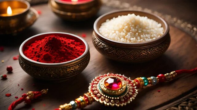 Raksha Bandhan setup with rakhi, roli, chawal in ornate bowls and diyas on wooden surface, Indian ritual tradition