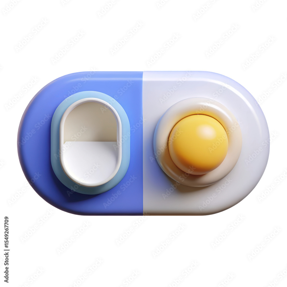 Poster Abstract 3d rendering plasticstyle icon showcasing two shapes isolated on white background featuring empty oval and round shape with yellow sphere element