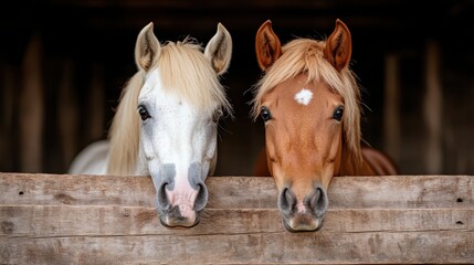 Obraz premium Two beautiful horses, one white and one chestnut, are seen peering curiously over a rustic wooden stall, representing companionship and the beauty of nature.