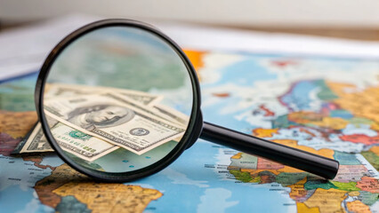 Inflation ,interest rates and global economy. Magnifying glass money world map finance currency global economy inflation interest rates
