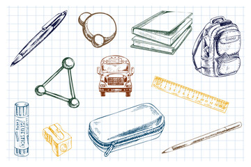 Hand drawn vintage sketch of monochrome school supplies and stationery on grid notebook background, vector illustration set