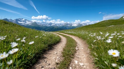 Fototapeta premium A captivating landscape depicting a winding dirt path through vibrant green meadows filled with daisies, framed by majestic mountains and a bright blue sky that radiates tranquility.