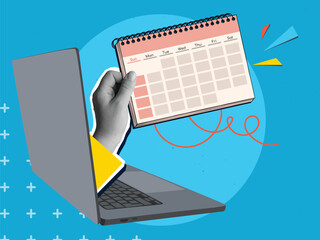 Obraz na płótnie Canvas A black and white hand extending calendar from laptop screen. Modern photo collage style. Vector illustration