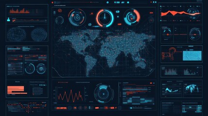 High-tech dashboard with world map, data streams, and charts