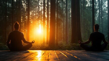 Two individuals meditating in a serene forest as the sun rises, embodying peace, mindfulness, and the beauty of nature in personal reflection and spiritual growth.