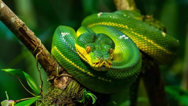 Emerald green tree python coiled on branch in lush tropical rainforest habitat