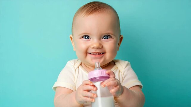 Smiling baby drinking milk from sippy cup on blue background for parenting, childcare, and healthy childhood themes