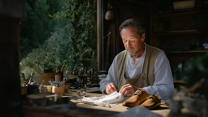 A skilled shoemaker sewing a shoe with care and precision
