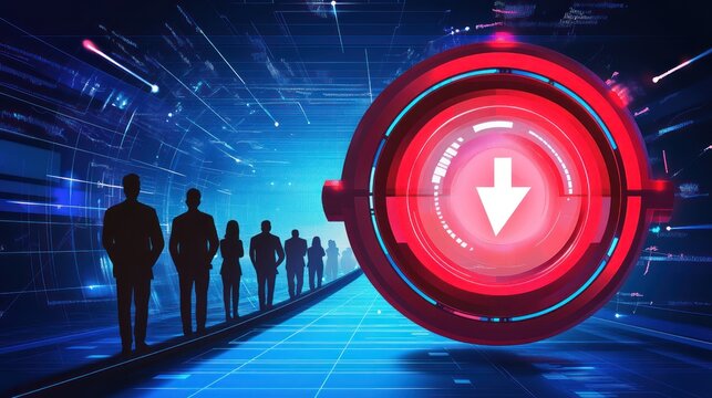 Futuristic tunnel, digital interface with a red downward arrow and figures walking, suggesting decline or error