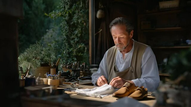 A skilled shoemaker sewing a shoe with care and precision