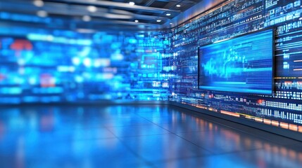 Modern, tech-filled room with a large screen displaying data