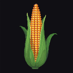 Vector pixel art illustration of a corn cob with green leaves. Stylized food object on dark background in retro 8-bit design.